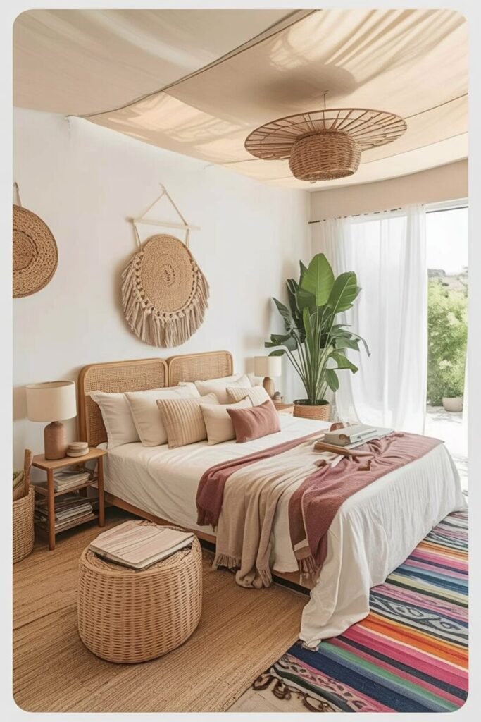 Use these 2 exact keywords for pin title: Boho bedroom ideas, Modern boho bedroom decor. (Use these exact keywords for pin description: Boho bedroom ideas, Modern boho bedroom decor, Boho chic bedroom design inspo, Boho room ideas, Cozy Boho Bedroom Design Inspirations, Bohemian Bedroom Ideas.)