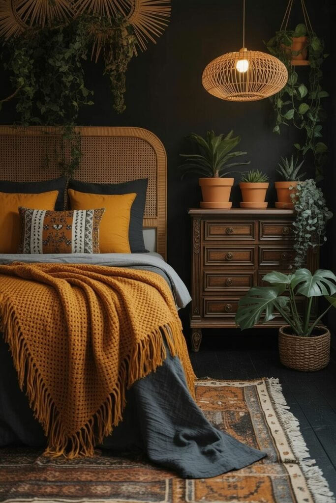 use these 2 exact keywords for pin title: dark boho bedroom aesthetic, dark boho bedroom ideas. (use these exact keywords for pin description: dark boho bedroom aesthetic, dark boho bedroom ideas, dark boho bedroom decor, dark boho chic bedroom, moody dark modern boho bedroom, dark boho style bedroom, dark boho moody bedroom aesthetic, dark cozy bedroom bohemian)