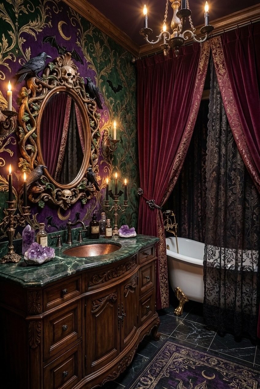 use these 2 exact keywords for pin title: whimsigoth bathroom decor ideas, whimsical goth bathroom (use these exact keywords for pin description: whimsigoth bathroom ideas, gothic whimsical bathroom inspo, whimsigoth interior for bathroom, whimsigoth home ideas for your bathroom, whimsy goth bathroom decor, whimsical goth bathroom inspiration, goth whimsical bathroom designs)